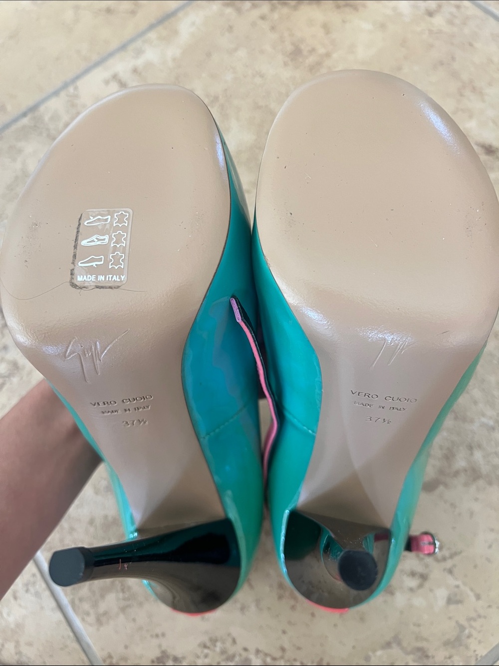 Giuseppe Zanotti Turquoise Patent Peep-Toe Pumps with Pink Ankle Straps - Picture 4 of 4